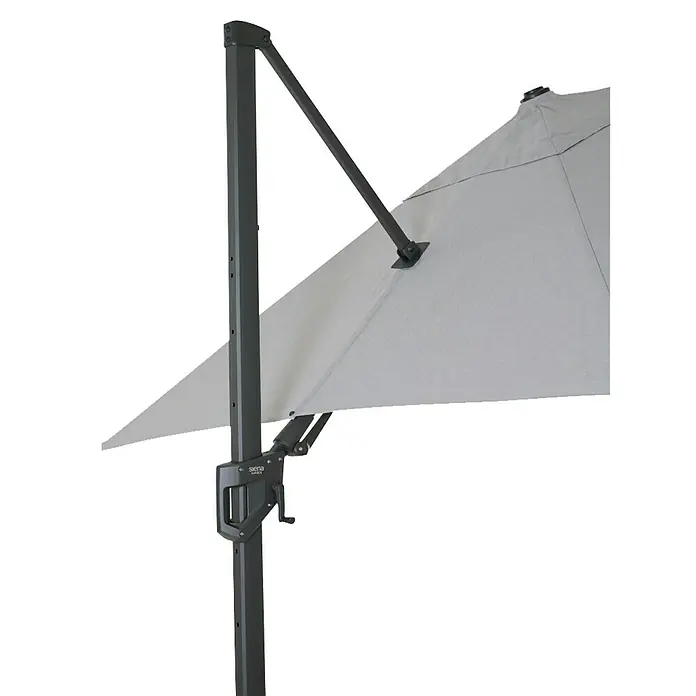 Siena Garden Ampelschirm Bosco N+ - Hellgrau, Bespannungsmaß (L x B): 300 x 300 cm - Nahaufnahme eines grauen Ampelschirms mit einem dunklen Mast und einem Kurbelmechanismus zur einfachen Bedienung.