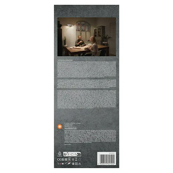 Ledvance LED-Wand- & Deckenstrahler Spot Pluto - 9,6 W, L x B x H: 29,8 x 9 x 10,8 cm, Weiß, Warmweiß, 2 Stk. - Produktverpackung von LEDVANCE mit Bild einer LED-Leuchte über einem Esstisch.