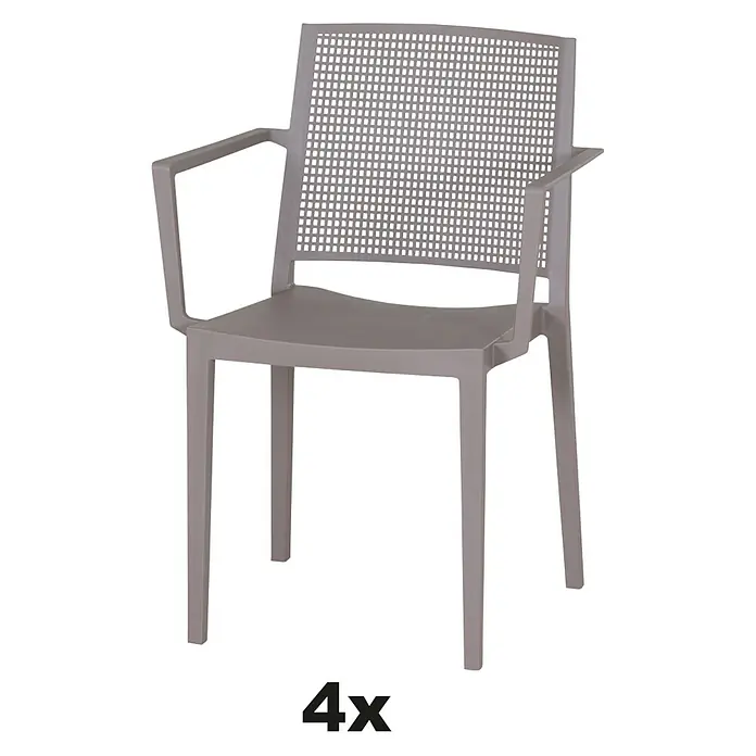 Siena Garden Urban Lights Stapelsessel Set Square - 4 Stk., Polypropylen, Stapelbar, Taupe, B x T x H: 56 x 56 x 80 cm - Abbildung eines grauen Gartenstuhls aus Kunststoff mit Armlehnen und einem quadratischen Netzmuster auf der Rückenlehne.