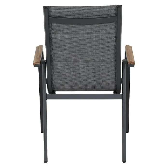 Siena Garden Stapelstuhl Tesoro - 2 Stk., Ranotex®-Gewebe, Stapelbar, Anthrazit, B x T x H: 62,5 x 68 x 98 cm - Rückansicht eines grauen Gartenstuhls mit Holzarmlehnen und einem stabilen Rahmen, ideal für entspannte Stunden im Freien.