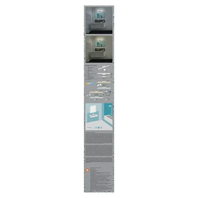 Ledvance Orbis LED-Spiegelleuchte Mirror - 10 W, L x B x H: 60 x 8,8 x 5,7 cm, Chrome, Warmweiß - Eine Produktansicht der modernen LED-Badleuchte zur Aufbaumontage, mit technischen Daten und Skizzen für optimale Ausleuchtung im Bad.