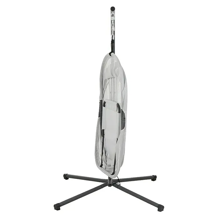 Siena Garden Hängesessel Yobaya mit Schutzhülle - L x B x H: 106 x 123 x 195 cm, Grau - Dieses Bild zeigt eine zusammengeklappte, hängende Babywippe mit Netzstoffbezug und einem stabilen Stativfuß in Grau.