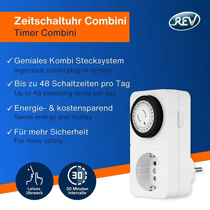 REV Zeitschaltuhr mit Combini-Stecksystem - Mechanisch, Weiß, 3.680 W - Abbildung einer Zeitschaltuhr Combi, die bis zu 48 Schaltzeiten pro Tag ermöglicht und Energie spart.\n