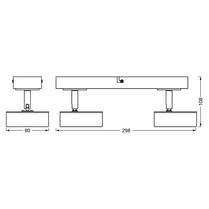 Ledvance LED-Wand- & Deckenstrahler Spot Pluto - 9,6 W, L x B x H: 29,8 x 9 x 10,8 cm, Weiß, Warmweiß, 2 Stk. - Abbildung eines Deckenleuchtendesigns mit den Maßen 90x298 mm und einer Höhe von 108 mm. Beleuchtungsdetails und Designaspekte sind enthalten.