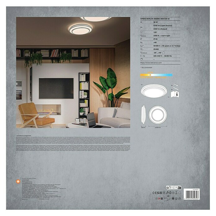 Ledvance Orbis LED-Deckenleuchte rund Berlin (36 W, Ø x H: 49,2 x 8 cm, Silber, Warmweiß) | BAUHAUS