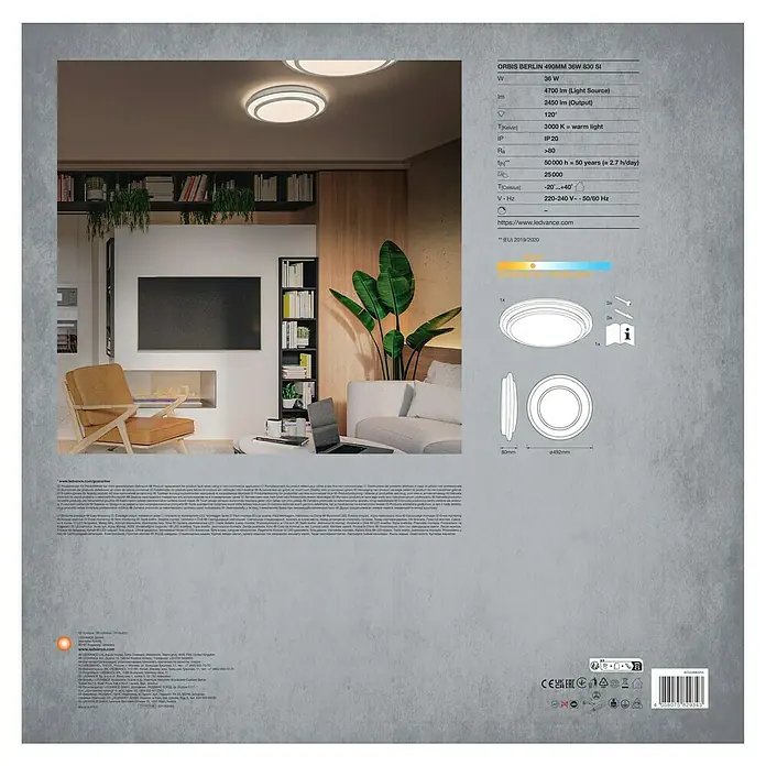Ledvance Orbis LED-Deckenleuchte rund Berlin - 36 W, Ø x H: 49,2 x 8 cm, Silber, Warmweiß - LEDVANCE ORBIS BERLIN 490MM 36W 830 SI Deckenleuchte mit technischen Daten und Produktinformationen.