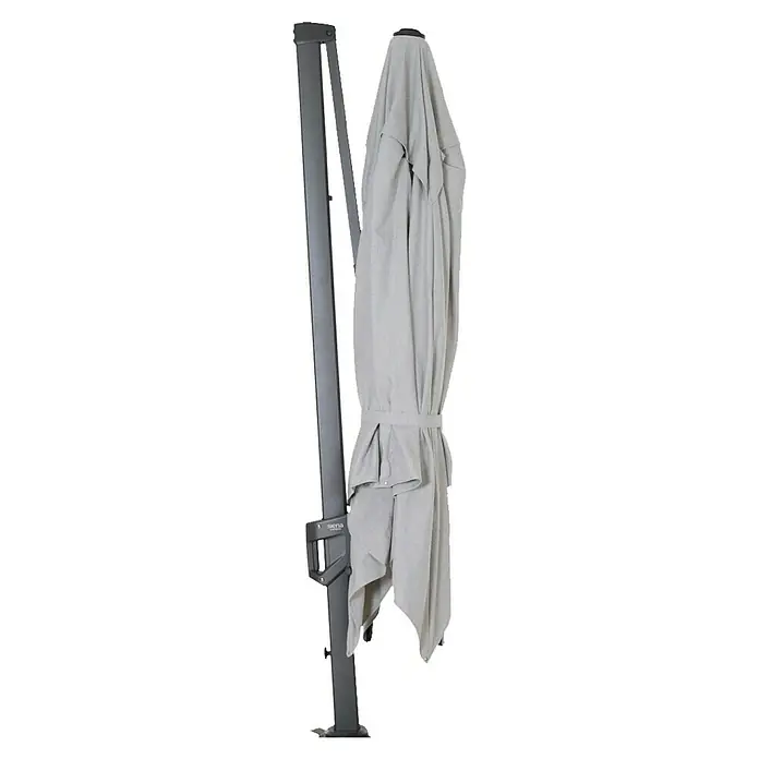 Siena Garden Ampelschirm Bosco N+ - Hellgrau, Bespannungsmaß (L x B): 300 x 300 cm - Die Nahaufnahme zeigt einen grauen, zusammengebundenen Sonnenschirm von Siena, der an einem robusten, grauen Metallgestell befestigt ist.