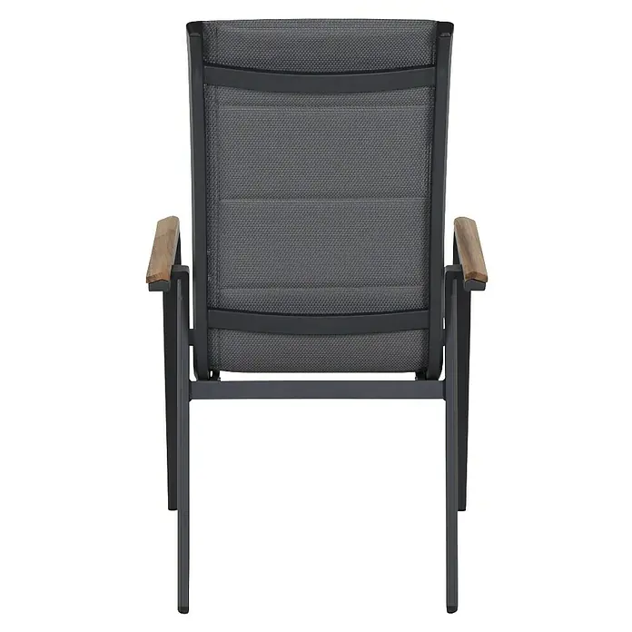 Siena Garden Stapelstuhl Tesoro High Back - 2 Stk., Ranotex®-Gewebe, Stapelbar, Anthrazit, B x T x H: 62,5 x 70,5 x 110 cm - Nahaufnahme eines eleganten grauen Gartenstuhls mit Holzarmlehnen, ideal für entspannte Stunden im Freien.