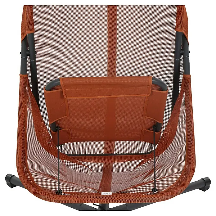 Siena Garden Hängesessel Yobaya mit Schutzhülle - L x B x H: 106 x 123 x 195 cm, Rot - Nahaufnahme eines orangefarbenen Hängesessels mit Netzstruktur und dunklem Rahmen, der Komfort und Stil für den Außenbereich vereint.