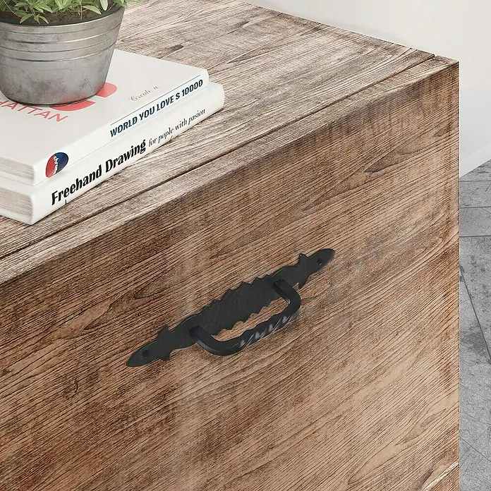 Rei Möbelgriff - Lochabstand: 146 mm, Stahl, Schwarz - Rustikale Holzkommode mit einem verzierten schwarzen Metallgriff, als Ablage für Bücher und eine Pflanze genutzt.