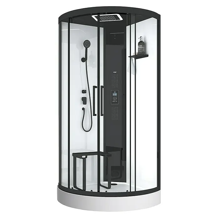 Aurlane Dampfdusche Relax Hammam Round - 95 x 95 x 218 cm, Weiß/Schwarz - Elegante schwarz-weiße, gebogene Duschkabine mit Klarglas, Handbrause, Regendusche, Bedienfeld und Klappsitz.