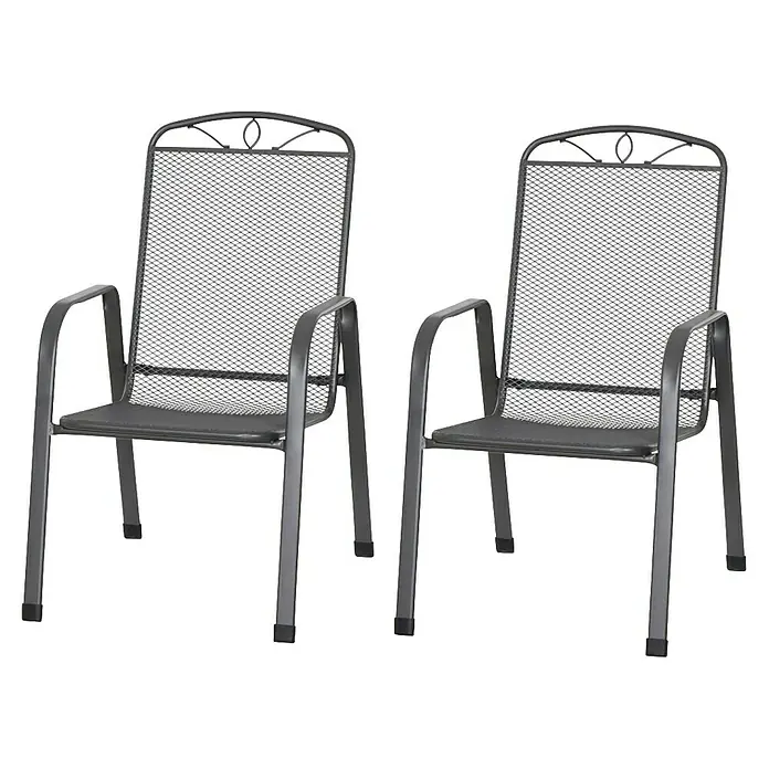 Siena Garden Stapelsessel Elda - L x B x H: 75 x 57 x 94 cm, Anthrazit, Stapelbar, 2 -tlg. - Zwei graue Metallstühle mit Armlehnen und Netzstruktur im Sitz- und Rückenbereich.