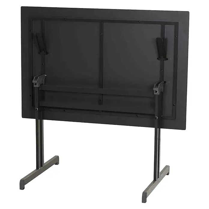 Alco Gartentisch - L x B x H: 120 x 80 x 74 cm, Stahl, Anthrazit, Klappbar - Rückansicht eines schwarzen Staffelei-Whiteboards mit Metallrahmen und höhenverstellbarem Ständer für Präsentationen oder kreative Arbeit.