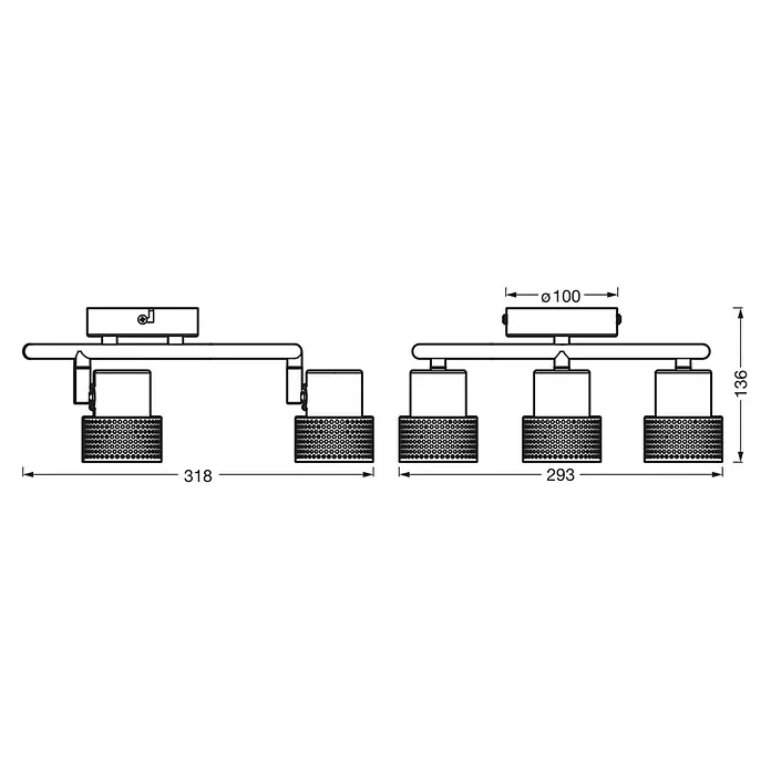 Osram Deckenstrahler Spot Cork - 10,2 W, L x B x H: 31,8 x 29,3 x 13,6 cm, Weiß, GU10 - Abbildung einer Deckenleuchte mit zwei bzw. drei Strahlern und den Maßen. Die Durchmesser der Gehäuse sind gekennzeichnet.