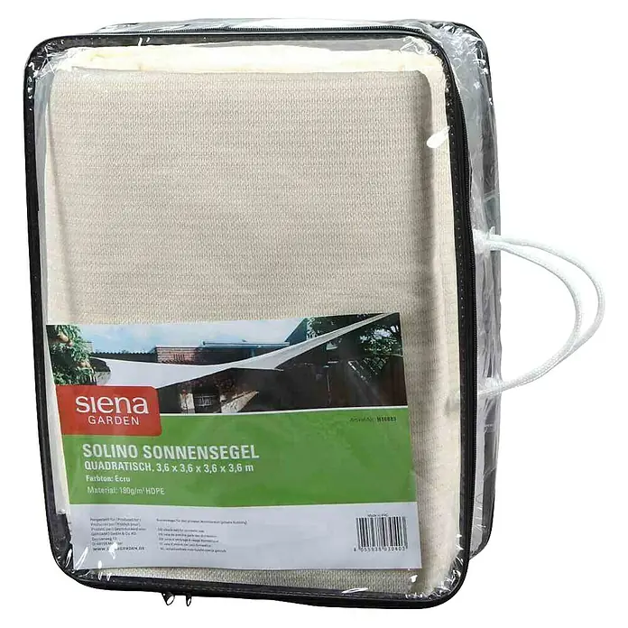 Siena Garden Sonnensegel Solino inkl. Zubehör-Set - L x B: 360 x 360 cm, Ecru, Quadratisch - Verpackte, quadratische Solino Sonnensegel Sonnenschutzplane von Siena Garden, Farbe Ecru, Material 180g/m² HDPE.