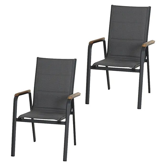 Siena Garden Stapelstuhl Tesoro - 2 Stk., Ranotex®-Gewebe, Stapelbar, Anthrazit, B x T x H: 62,5 x 68 x 98 cm - Zwei moderne Gartenstühle mit grauem Textilene-Gewebe und Armlehnen aus Holz. Ideal für Terrasse und Garten.