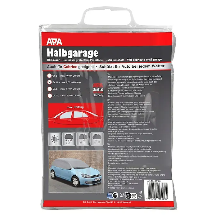 APA Auto-Halbgarage - Größe: M - Image of an APA half garage car cover, size M, suitable for cabrios, weatherproof and tear-resistant for all weather conditions.