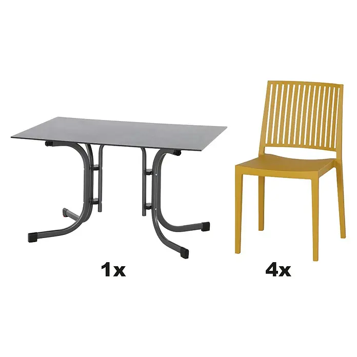 Siena Garden Urban Lights Gartenmöbel-Set Lane Stuhl/gr.Sola Tisch - 5 -tlg., Polypropylen, Mustard/Anthrazit - Bild eines Gartensets mit einem Esstisch und vier gelben Stühlen, ideal für Mahlzeiten im Freien.