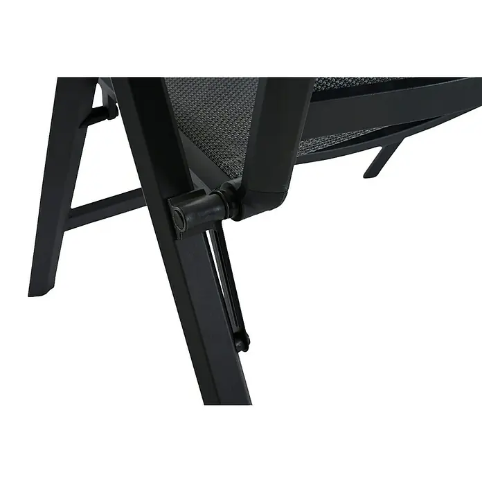 Siena Garden Gartenliege Tauro - Anthrazit, Aluminium, Klappbar - Detailaufnahme eines schwarzen Klappstuhls mit Fokus auf den Klappmechanismus und das Metallgestell. Ideal für Garten und Terrasse.