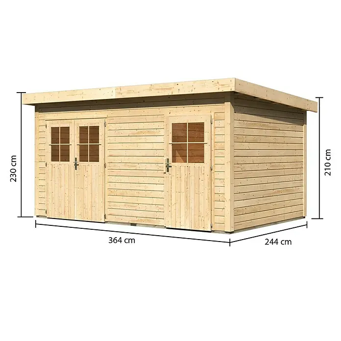 Karibu Gartenhaus Mattrup - Holz, Natur - Abbildung eines Gartenhauses mit Maßen. Das Gartenhaus ist aus Holz gefertigt und hat ein Flachdach.