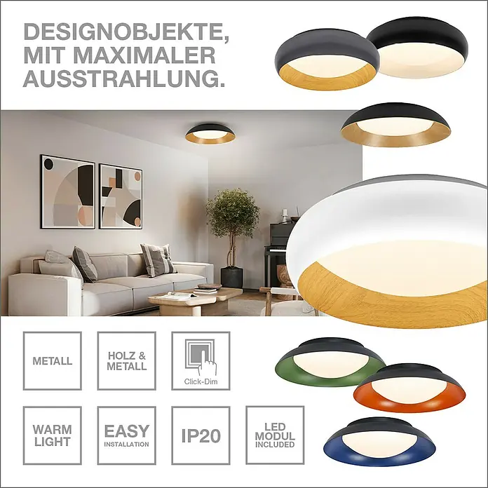 Osram LED-Deckenleuchte rund Alva - Ø x H: 50,5 x 14 cm, Weiß, Holzdekor, Warmweiß - Eine moderne Deckenleuchte in verschiedenen Farben und Materialien für eine maximale Ausstrahlung in jedem Raum.