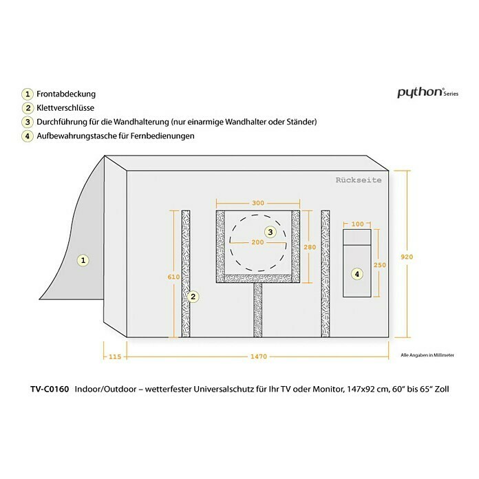 Alcasa TV-Schutzhülle Python SeriesPassend für: 60 - 65″ Fernseher, 147 x 92 x 11,5 cm, Polyester Unknown