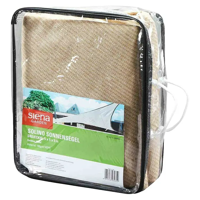 Siena Garden Sonnensegel Solino inkl. Zubehör-Set - L x B: 500 x 500 cm, Sand, Dreieckig - Verpacktes Siena Garden Solino Sonnensegel, dreieckig, 5x5x5 m, Farbe Sand, Material 180g/m² HDPE.