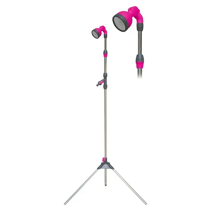 Ducha de jardín con trípode - Altura: 240 cm, Trípode, Aluminio, Fucsia - Ducha independiente con cabezal rosa y altura regulable para una experiencia relajante.