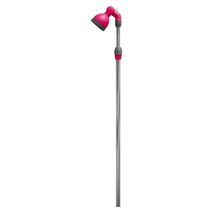 Ducha de jardín con trípode - Altura: 240 cm, Trípode, Aluminio, Fucsia - Ducha de jardín rosa con cabezal rociador ajustable y poste plateado para refrescarse al aire libre. Ideal para jardines.