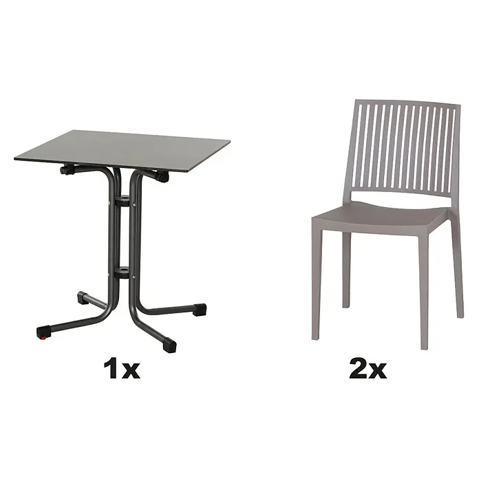Siena Garden Urban Lights Gartenmöbel-Set Lane Stuhl/Sola Tisch - 3 -tlg., Polypropylen, Taupe/Anthrazit - Bild zeigt ein Set mit einem grauen Klapptisch und zwei passenden Stühlen, ideal für kleine Räume.