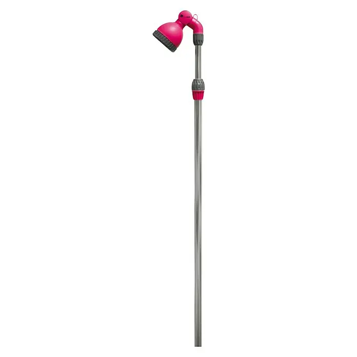 Ducha de jardín con trípode - Altura: 240 cm, Trípode, Aluminio, Fucsia - Una ducha de jardín ajustable con cabezal rosa y mango plateado, ideal para regar plantas y jardines.