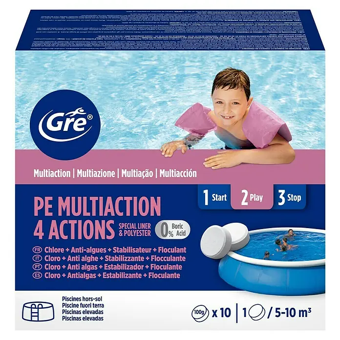 Gre Tabletas multifunción 4 acciones - 10 ud., 1 kg - Pastillas de piscina Gre PE Multiaction 4-en-1 blancas para piscinas elevadas.