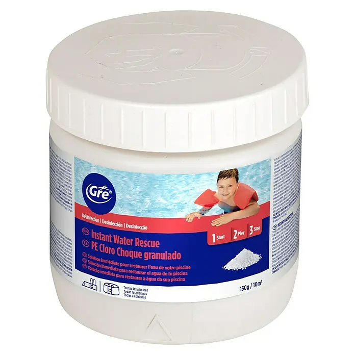 Gre Cloro granulado Choque - 500 g - Un envase de Gre Instant Water Rescue PE Cloro Choque granulado para la desinfección del agua de la piscina.