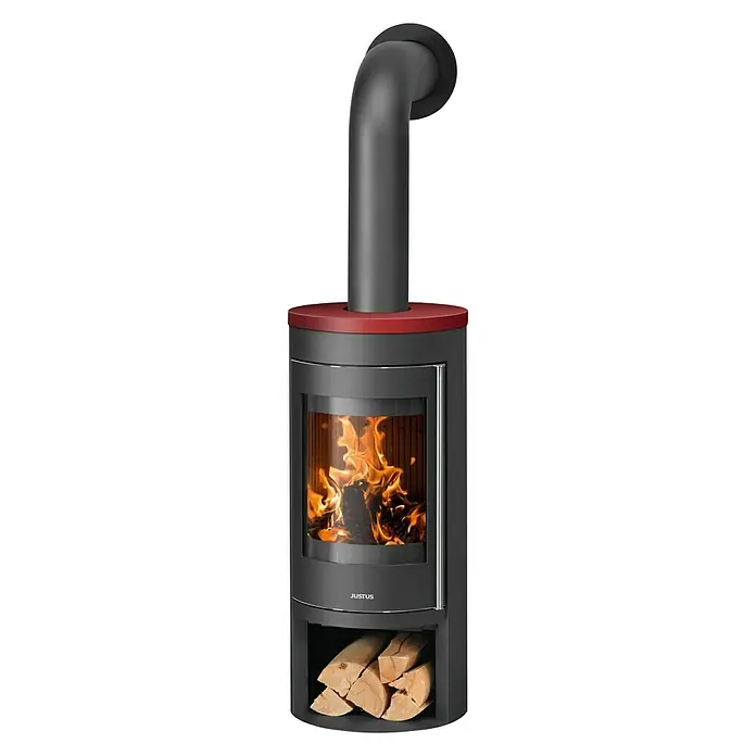 Justus Kaminofen Mino 2.0 - 5,5 kW, Raumheizvermögen: 88 m³, Farbe Verkleidung: Bordeauxrot, Schwarz - Justus Kaminofen mit Holzfach und integriertem Rauchrohr, ideal für gemütliche Wärme und stilvolles Design im Wohnbereich.