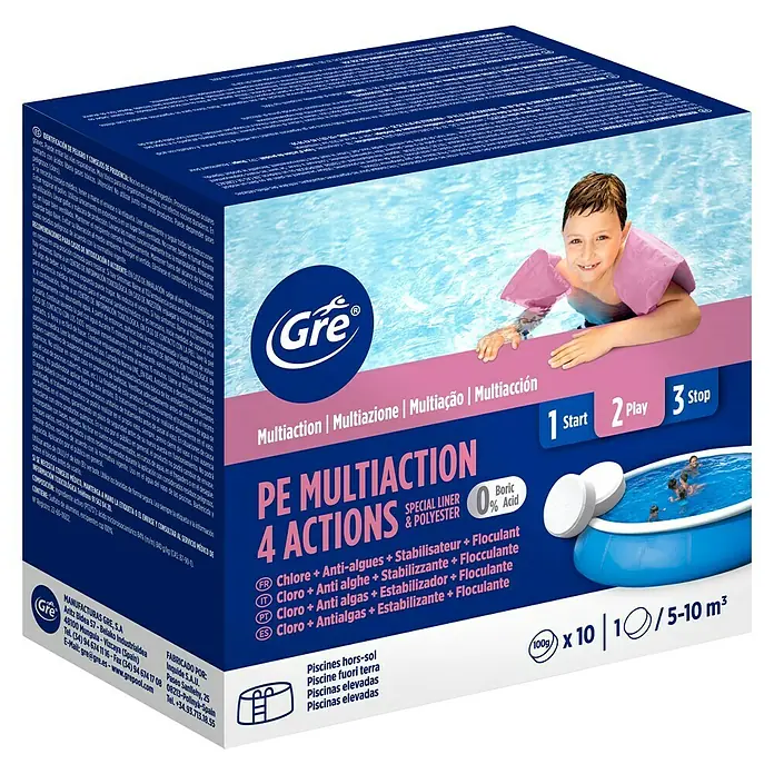 Gre Tabletas multifunción 4 acciones - 10 ud., 1 kg - Caja Gre de tabletas multiactivas para piscina (4 acciones). Diseño azul/rosa, para piscinas elevadas de 5-10m³.