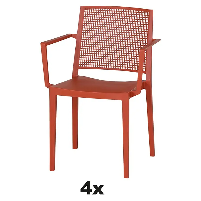 Siena Garden Urban Lights Stapelsessel Set Square - 4 Stk., Polypropylen, Stapelbar, Brick, B x T x H: 56 x 56 x 80 cm - Ein roter Kunststoffstuhl mit Armlehnen und einem Gittermuster im Rückenbereich, ideal für den Außenbereich.