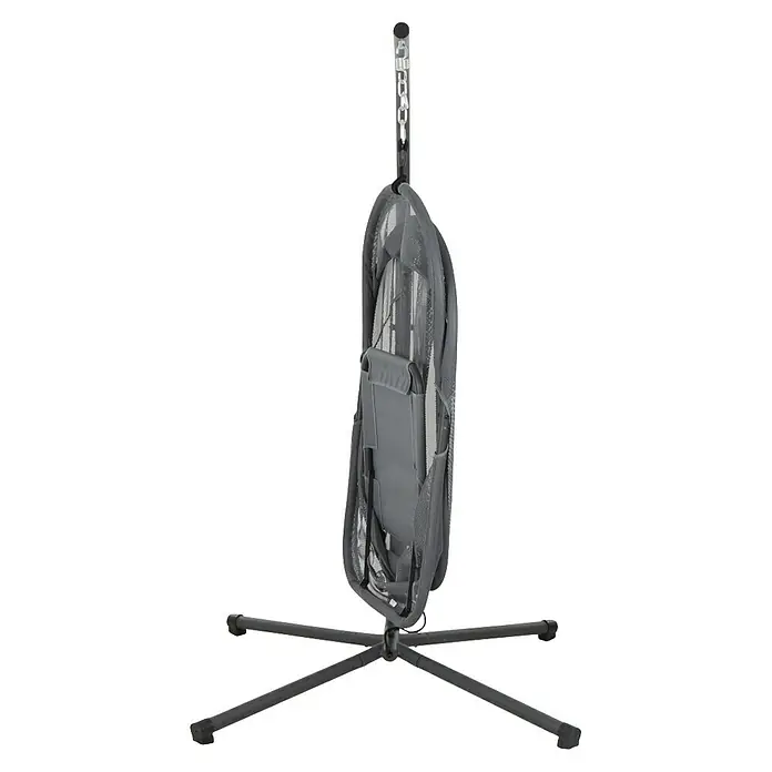 Siena Garden Hängesessel Yobaya mit Schutzhülle - L x B x H: 106 x 123 x 195 cm, Blau - Eine zusammengeklappte Hängematte mit Ständer, ideal für den Transport und platzsparende Lagerung, präsentiert vor neutralem Hintergrund.