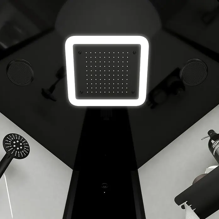 Aurlane Dampfdusche Relax Hammam Round - 95 x 95 x 218 cm, Weiß/Schwarz - Duschkopf mit LED-Beleuchtung, eingebauten Lautsprechern und Handbrause für ein luxuriöses Duscherlebnis.