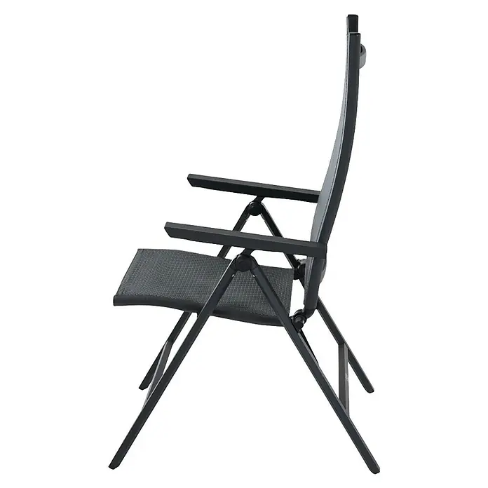 Siena Garden Klappstuhl Tauro - Ranotex-Gewebe, Klappbar, Anthrazit, B x T x H: 60 x 66 x 110 cm - Seitliche Ansicht eines grauen Klappstuhls mit Armlehnen, ideal für den Außenbereich. Robust, platzsparend und leicht zu transportieren.