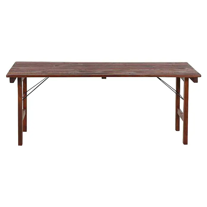 Natura Bierzeltgarnitur Wallis - 3 -tlg., Kiefer, Naturbraun - Brauner Klapptisch aus Holz mit Lattenplatte und schwarzen Metallstützstangen.