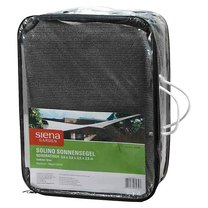 Siena Garden Sonnensegel Solino inkl. Zubehör-Set - L x B: 360 x 360 cm, Natur, Quadratisch - Abgebildet ist ein SOLINO Sonnensegel in Grau, quadratisch mit 3,6 x 3,6 x 3,6 x 3,6 m, verpackt und aus 180g/m² HDPE-Material.