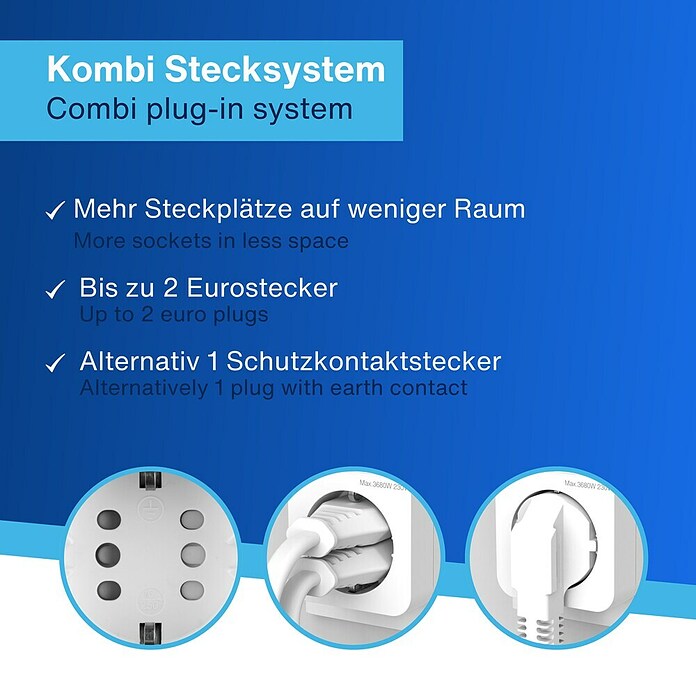 REV Zwischenstecker mit Schalter und Combini-Stecksystem (Weiß, Max. Anschlussleistung: 3 680 W) | BAUHAUS