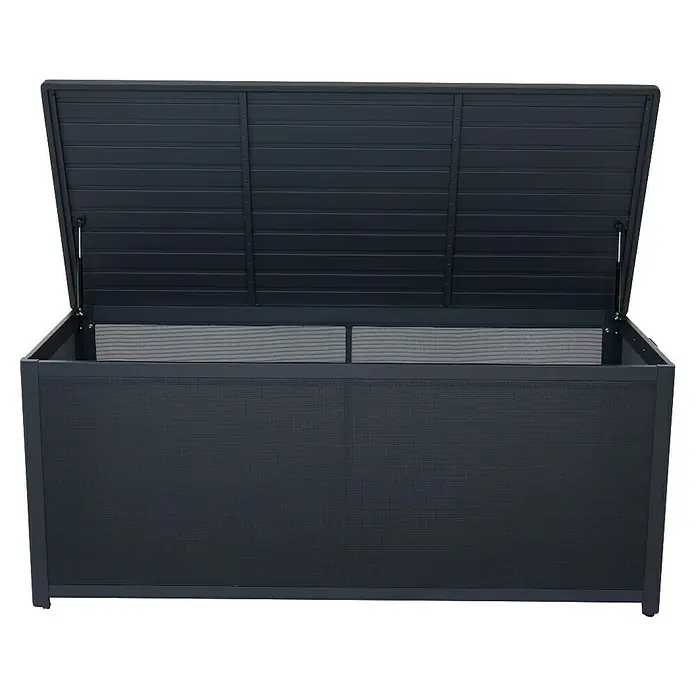 Siena Garden Garten-Aufbewahrungsbox Sabano - 181 x 79,3 x 75 cm, Aluminium, Anthrazit - Geöffnete, anthrazitfarbene Gartenbox mit horizontalen Lamellen und einem Netzfutter für die Aufbewahrung von Gartenartikeln.