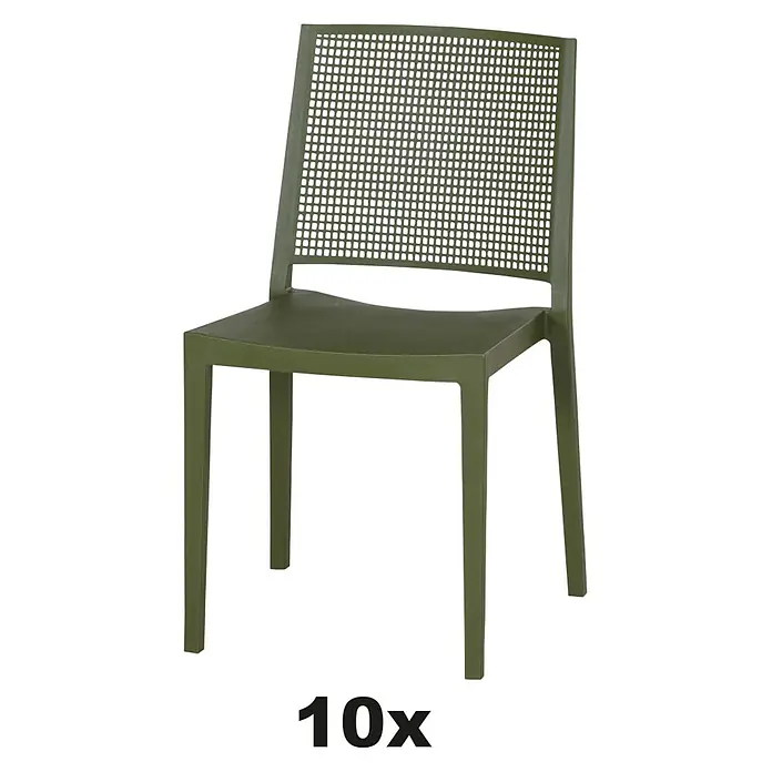 Siena Garden Urban Lights Stapelstuhl Set Square - 10 Stk., Polypropylen, Stapelbar, Olive, B x T x H: 56 x 56 x 80 cm - Abbildung eines olivgrünen Gartenstuhls mit durchbrochener Rückenlehne und dem Text "10x" für den Kauf von 10 Stück.