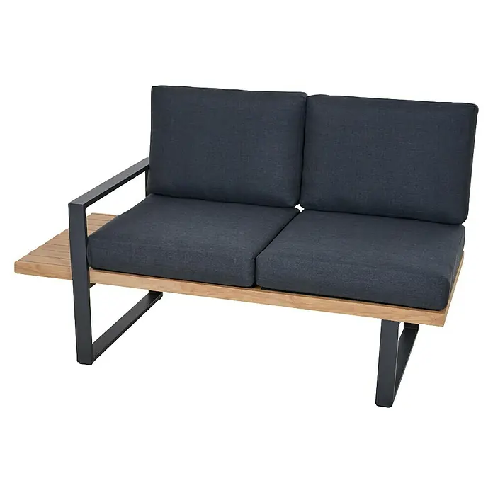 Siena Garden Urban Lights Loungemöbel-Set Bari - 2 -tlg., Aluminium, Teak/Anthrazit - Zweisitzer-Outdoor-Sofa mit dunkelgrauen Kissen, heller Holzplatte/Beistelltisch und schwarzem Metallrahmen.