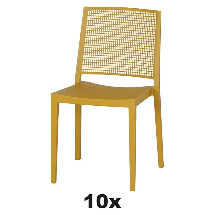 Siena Garden Urban Lights Stapelstuhl Set Square - 10 Stk., Polypropylen, Stapelbar, Mustard, B x T x H: 56 x 56 x 80 cm - Ein gelber Stapelstuhl mit quadratischer, gitterförmiger Rückenlehne. Er ist leicht, robust und ideal für den Innen- und Außenbereich.