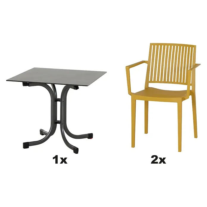 Siena Garden Urban Lights Gartenmöbel-Set Lane Sessel/Sola Tisch - 3 -tlg., Polypropylen, Mustard/Anthrazit - Das Bild zeigt einen grauen Gartentisch und zwei senfgelbe Gartenstühle. Das Ensemble ist ideal für den Außenbereich und bietet Platz für bis zu drei Personen.