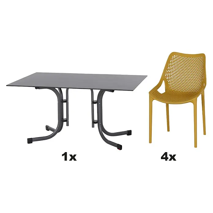 Siena Garden Urban Lights Gartenmöbel-Set District Sessel/Sola Tisch - 5 -tlg., Polypropylen, Mustard/Anthrazit - Bild eines Esstischsets mit einem grauen Tisch und vier gelben Stühlen für den Außenbereich.