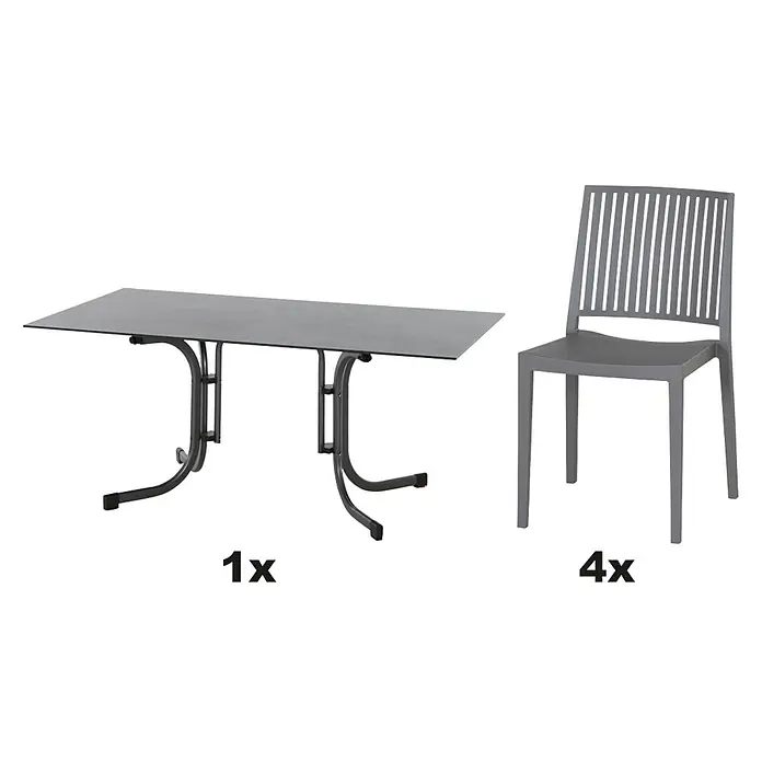 Siena Garden Urban Lights Gartenmöbel-Set Lane Stuhl /Sola Tisch - 5 -tlg., Polypropylen, Grau/Anthrazit - Produktbild: Grauer Gartentisch mit einem Tisch und vier Stühlen für den Außenbereich.