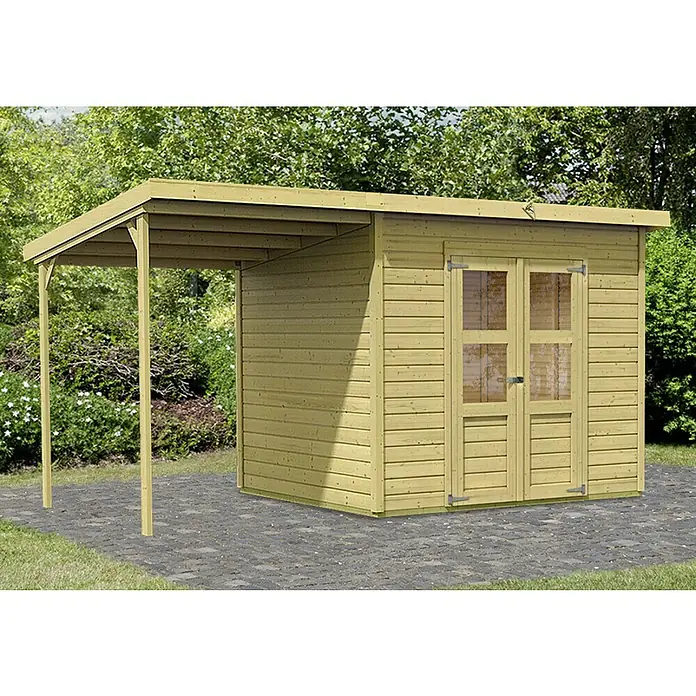 Karibu Gartenhaus Merseburg 5 - Außenmaß inkl. Dachüberstand (B x T): 415 x 236 cm, Holz, Natur, Mit Seitendach - Abgebildeter Holzschuppen mit Überdachung. Der Schuppen hat eine Doppeltür und ist aus hellem Holz gefertigt, ideal für den Garten.